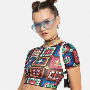 Retro Nasty Gal Cropped Faux Crochet Granny  Squares Top fits size S to M